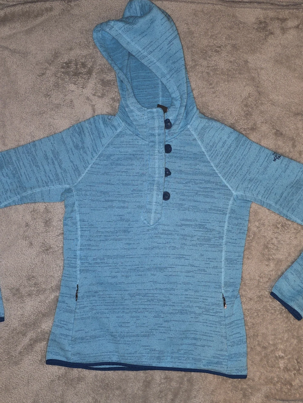 The North Face Women’s Large Blue Hooded Sweater Fleece Pullover Button Neck